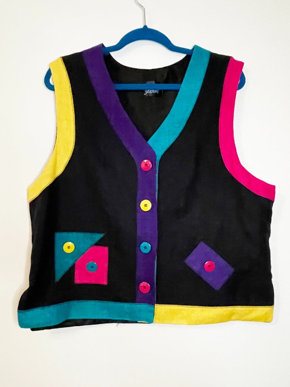 Vintage Seasons Colorblock Silk Vest Geometric Artwear Neon Button Front Size L
